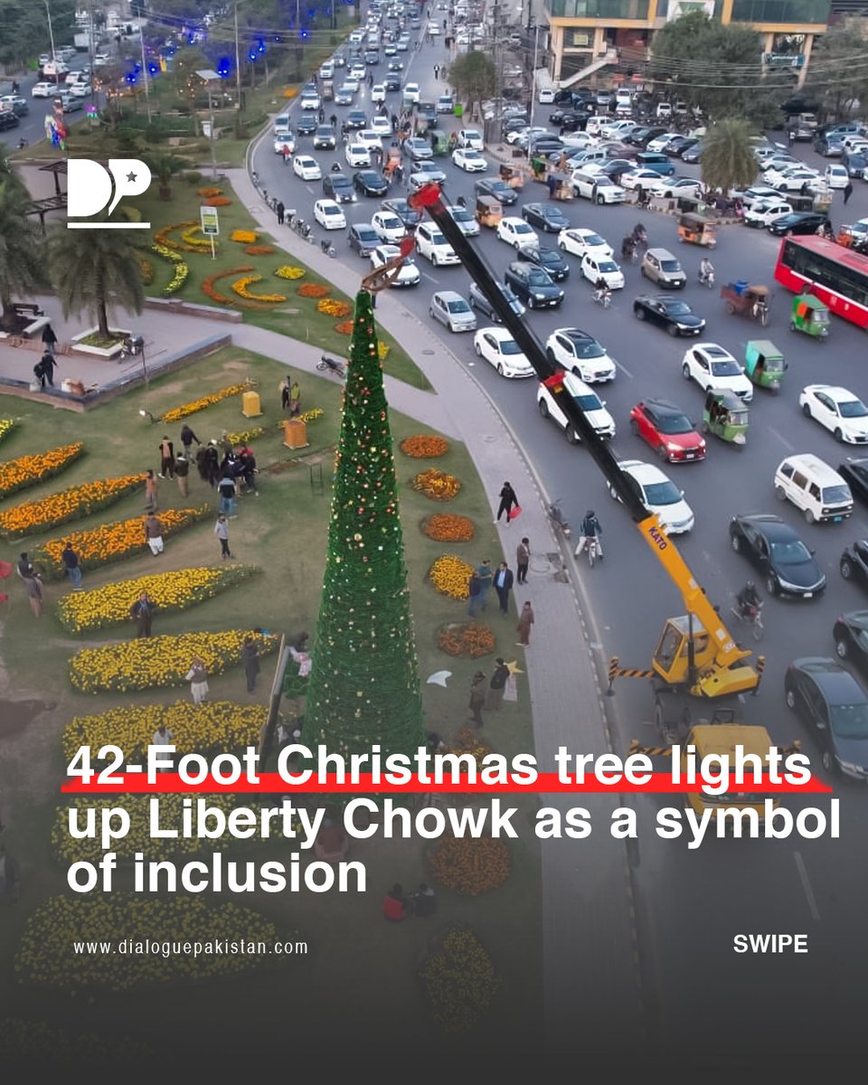 DialoguePak's tweet photo. A towering 42-foot Christmas tree has been installed at Liberty Chowk, Lahore, symbolizing love, religious harmony, and pluralism.

#DialoguePakistan #42Foot #Christmas #Tree #LightsUp #Liberty #Chowk #Symbol #Inclusion https://t.co/FVKl7BPPCy