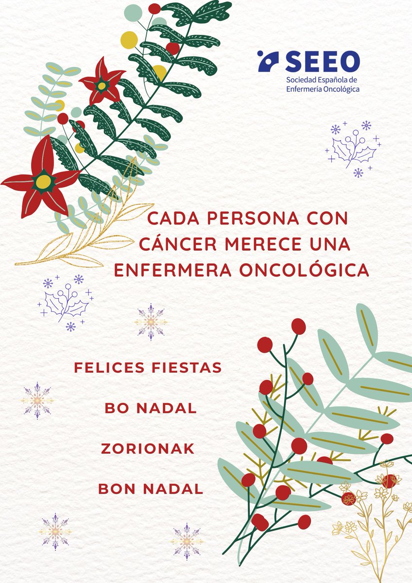 _SEEO_'s tweet photo. Desde la Sociedad Española de Enfermería Oncológica os deseamos unas felices fiestas. 
#Buenaguardia a todas las enfermeras que trabajáis en estos días de Navidad.
Feliz Navidad, Bo Nadal, Zorionak, Bon Nadal https://t.co/iWzli96mYO