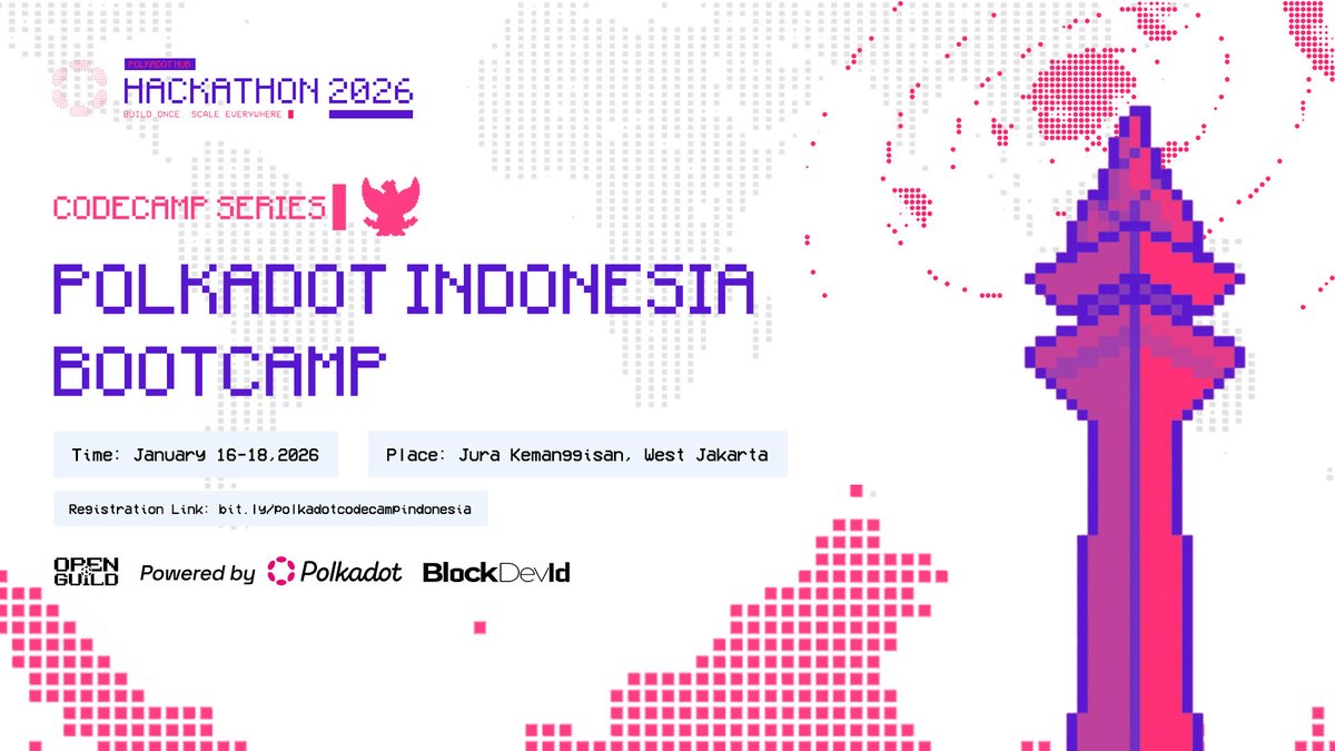 blockdev_id's tweet photo. Polkadot Indonesia Code Camp 2026: 3 hari hands-on coding di Polkadot ✨

⚙️ EVM & cross-chain DeFi
🤖 AI app & full-stack
💻 DEX ala Uniswap V2

Materi pakai Bahasa Indonesia, langsung praktik! 👨🏻‍💻

Daftar Sekarang di https://t.co/BItwt5MSpR 🚀

#BuildOnPolkadot #WebBuilder #PolkadotCodeCamp #DevCommunity #BlockchainCommunity