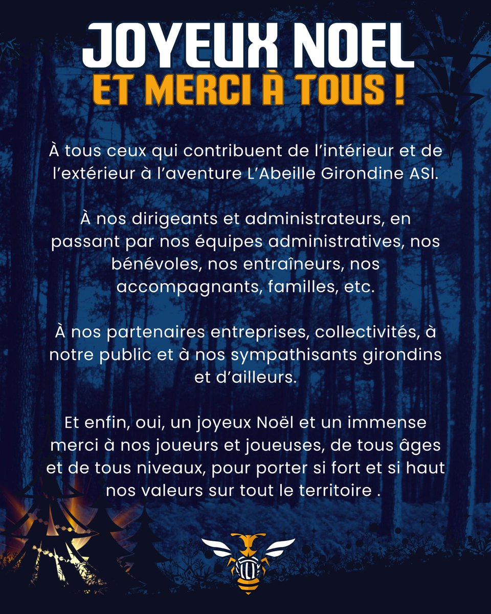 ASIVB's tweet image. JOYEUX NOËL 🎄
Merci à toutes celles et ceux qui font vivre l’aventure L’Abeille Girondine ASI : dirigeants, bénévoles, équipes, familles, partenaires, supporters…
Et un immense bravo à nos joueurs et joueuses, porteurs de nos valeurs partout ! 🙏🐝