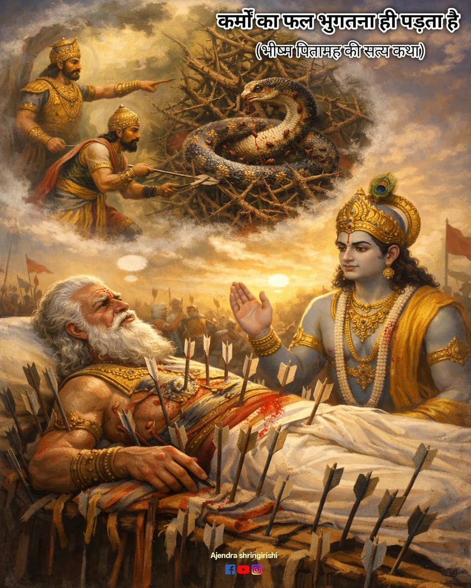 Vish_kc's tweet photo. कर्मण्येवाधिकारस्ते मा फलेषु कदाचन।
मा कर्मफलहेतुर्भूर्मा ते संगोऽस्त्वकर्मणि।।

महाभारत का युद्ध समाप्ति की ओर था।
कुरुक्षेत्र की रणभूमि में भीष्म पितामह शरशैया पर पड़े थे। उनके शरीर में असंख्य बाण धँसे हुए थे। तनिक-सा भी हिलना असहनीय वेदना को जन्म देता और बाणों के छेदों से रक्त की धार बह निकलती। मृत्यु उनके समीप थी, पर इच्छामृत्यु का वरदान उन्हें जीवित रखे हुए था।

ऐसी अवस्था में उनसे मिलने अनेक ऋषि-मुनि, योद्धा और राजा आते-जाते थे। एक दिन स्वयं भगवान श्रीकृष्ण उनके दर्शन के लिए पधारे। श्रीकृष्ण को देखते ही भीष्म पितामह मंद स्वर में हँसे और बोले—
“आइए जगन्नाथ! सर्वज्ञ होते हुए भी क्या आप मेरे इस दारुण कष्ट का कारण बताएँगे? मैंने ऐसा कौन-सा भयंकर पाप किया है, जिसका दंड आज इस रूप में भोग रहा हूँ?”

श्रीकृष्ण शांत भाव से बोले—
“पितामह! आपके पास दिव्य शक्ति है। आप अपने पूर्व जन्मों को देख सकते हैं। स्वयं ही उत्तर खोजिए।”

भीष्म ने कहा—
“देवकीनंदन! अब इस शरशैया पर पड़े-पड़े करने को और है ही क्या?”
उन्होंने नेत्र मूँद लिए और ध्यान में लीन हो गए।

उन्होंने एक-एक कर अपने पूर्व जन्म देखे—दस… बीस… पचास… यहाँ तक कि सौ जन्म। परंतु किसी भी जन्म में उन्हें ऐसा कोई कर्म दिखाई नहीं दिया, जो इस भयानक पीड़ा का कारण बन सके।

आश्चर्य से भरकर भीष्म ने नेत्र खोले और बोले—
“माधव! मैंने सौ जन्म देख लिए। कहीं भी ऐसा पाप नहीं दिखा, जिसका फल यह हो।”

श्रीकृष्ण ने गंभीर स्वर में कहा—
“पितामह! एक जन्म और पीछे जाइए। उत्तर वहीं मिलेगा।”

भीष्म पुनः ध्यानस्थ हुए। इस बार उन्होंने देखा कि 101वें जन्म में वे एक राज्य के राजा थे। एक दिन वे अपनी सेना के साथ यात्रा पर निकले थे। तभी एक सैनिक दौड़ता हुआ आया और बोला—
“राजन! मार्ग में एक सर्प पड़ा है। यदि सेना आगे बढ़ी तो वह मारा जाएगा।”

राजा ने तुरंत कहा—
“उसे मारना उचित नहीं। किसी लकड़ी में लपेटकर झाड़ियों में फेंक दो।”

सैनिक ने वैसा ही किया, परंतु असावधानीवश उसने सर्प को बाण की नोक पर उठाया और पास की झाड़ियों में फेंक दिया। दुर्भाग्यवश वह झाड़ी अत्यंत कंटीली थी। सर्प उसमें उलझ गया। जितना वह निकलने का प्रयास करता, उतना ही अधिक काँटों में फँसता चला गया।

काँटे उसके शरीर में धँस गए। रक्त बहने लगा। रक्त की गंध से चींटियाँ आ गईं और उसे जीवित ही नोचने लगीं। पाँच-छह दिनों तक असहनीय पीड़ा सहने के बाद अंततः उस सर्प ने तड़प-तड़पकर प्राण त्याग दिए।

भीष्म का हृदय काँप उठा। वे श्रीकृष्ण से बोले—
“हे त्रिलोकीनाथ! मेरा उद्देश्य उस सर्प की रक्षा करना था, न कि उसे कष्ट देना। फिर भी यह दंड क्यों?”

श्रीकृष्ण ने करुण दृष्टि से कहा—
“तात श्री! कर्म जानबूझकर किया जाए या अनजाने में—फल से कोई नहीं बच सकता। क्रिया हुई, परिणाम सुनिश्चित हुआ। उस जीव के प्राण गए और उसे अत्यधिक पीड़ा मिली—बस यही कारण है।”

उन्होंने आगे कहा—
“आपका पुण्य इतना प्रबल था कि उस कर्म का फल 101 जन्मों तक दबा रहा। परंतु जब समय आया, तो फल भोगना ही पड़ा।”

“जो जीव किसी को पीड़ा देता है, चाहे अनजाने में ही क्यों न हो, उसे वही पीड़ा इस जन्म या अगले किसी जन्म में अवश्य सहनी पड़ती है। आज जो पशु योनि में जन्म लेकर कष्ट भोग रहे हैं, वे भी पूर्व जन्मों के ऐसे ही कर्मों का फल भोग रहे हैं।”

श्रीकृष्ण बोले—
“इसलिए मनुष्य को हर कर्म अत्यंत सावधानी और करुणा से करना चाहिए। क्योंकि—”

कर्मों का फल तो भुगतना ही पड़ता है।