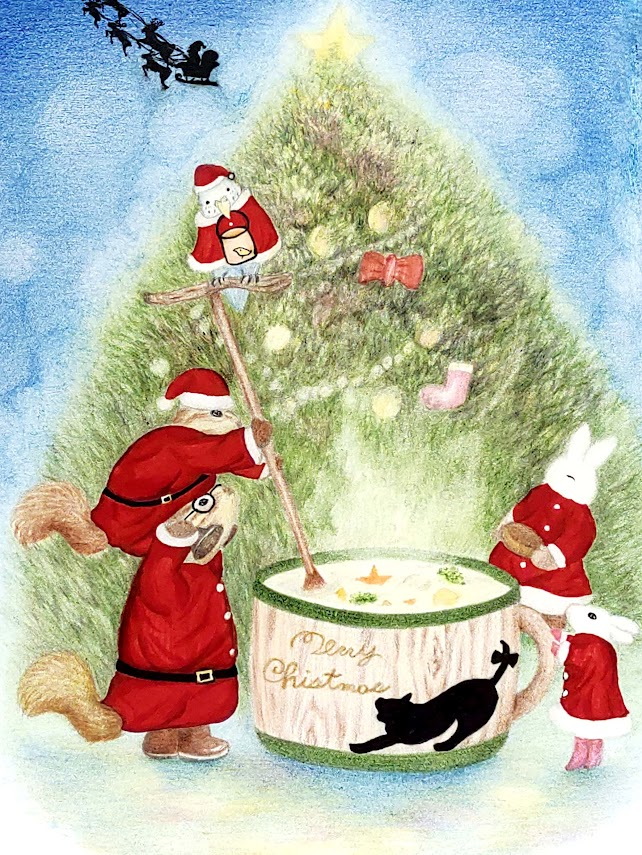 「今日も一日お疲れ様でした 本日はクリスマスイブなので去年のクリスマス絵です こう」|アメ。のイラスト