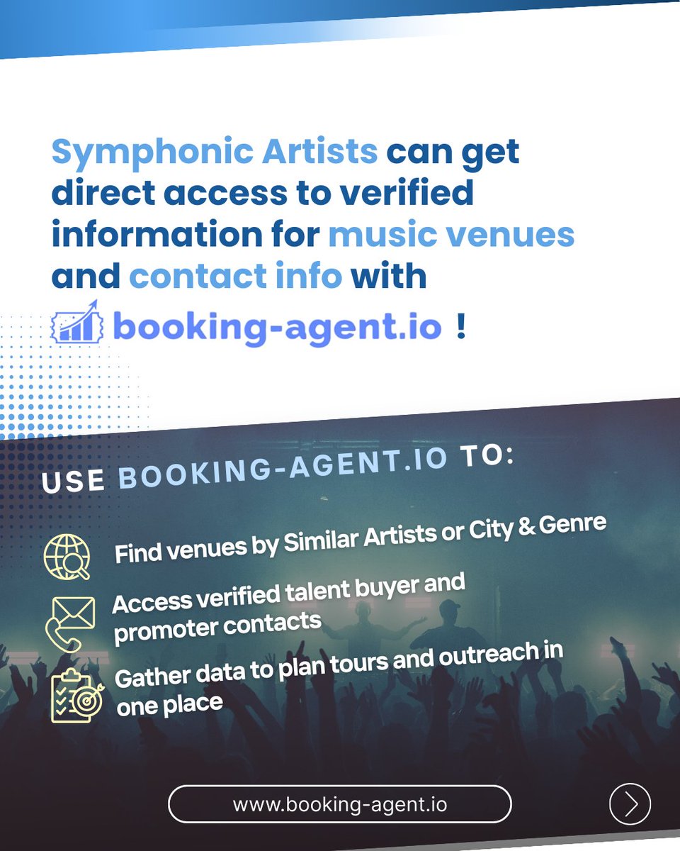 BookingAgentio's tweet image. 🎉 Booking-Agent.io Partners with Symphonic! 🎉

@bookingagentio and @symphonicdistro have teamed up to help independent artists book more live shows with ease. 

Symphonic artists get an exclusive 50% off their first month on  🙌 Swipe to see how!
