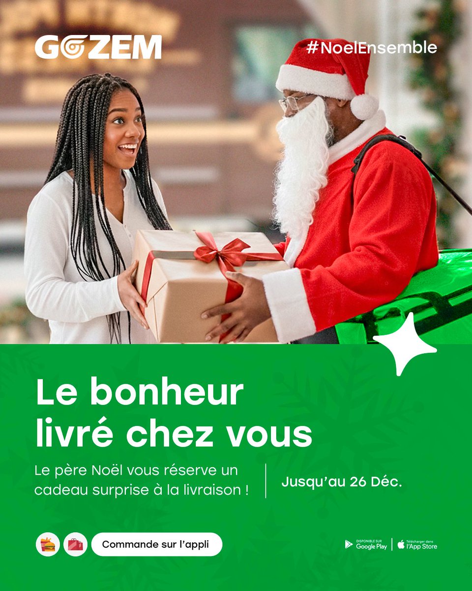 Fêtons Noël ensemble ! 🎁

Jusqu'au 26 décembre, passez commande et tentez de vous faire livrer par nos livreurs déguisés en Père Noël 🎅

Un cadeau surprise vous attend en plus de votre commande pour rendre Noël encore plus magique ! ✨

#GozemTogo #NoelEnsemble