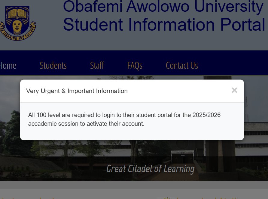 OAUpeeps's tweet photo. OAU Directs 100-Level Students to Activate Portal Accounts for 2025/2026 Session

The university management has instructed all newly admitted 100-level students to log into the student portal to activate their accounts.....
https://t.co/A9VdrRIMcH to read more https://t.co/sfMMmLicLK