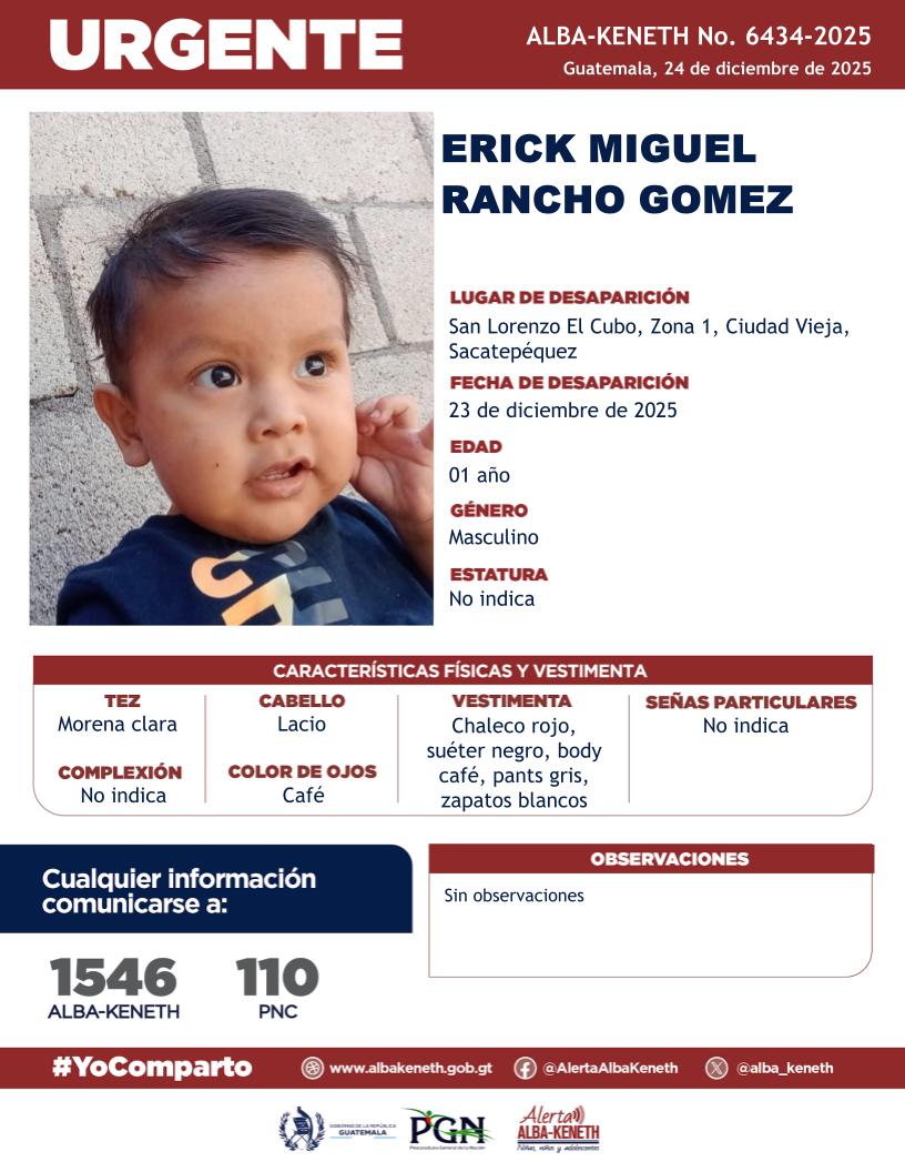 alba_keneth's tweet image. #AlertaAlbaKeneth ⚠️| Erick Miguel Rancho Gomez de 01 año de edad. Desapareció el 23 de diciembre de 2025, en San Lorenzo El Cubo, Zona 1, Ciudad Vieja, Sacatepéquez. 

🔁Comparte y ayúdanos con su localización.
📞Si tienes información llama al 1546.