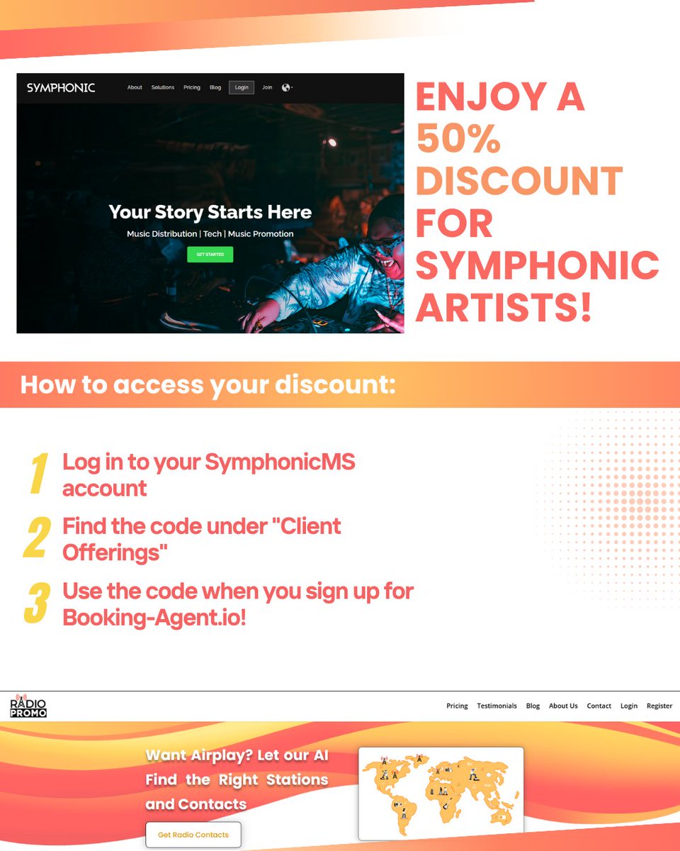 🎙️ RadioPromo.io Partners with Symphonic 📻‼️

@radiopromo.io and @symphonicdistro have partnered to help indie artists land real radio airplay using RadioPromo.io. 

Get an exclusive 50% off your first month on RadioPromo.io 🙌 Swipe to know more!
