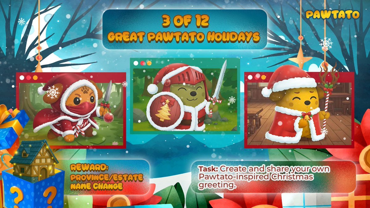 PawtatoFinance's tweet image. 🎄𝟯 𝗼𝗳 𝟭𝟮 𝗚𝗿𝗲𝗮𝘁 𝗣𝗮𝘄𝘁𝗮𝘁𝗼 𝗛𝗼𝗹𝗶𝗱𝗮𝘆 🎁 

𝗧𝗮𝘀𝗸: Lights, Camera, Pawtato!! 

𝗥𝗲𝘄𝗮𝗿𝗱: Free Province/Estate name change 
𝗡𝘂𝗺𝗯𝗲𝗿 𝗼𝗳 𝘄𝗶𝗻𝗻𝗲𝗿𝘀: 2

Make sure to tag @PawtatoFinance and submit your tweet link in the 𝙇𝙞𝙜𝙝𝙩𝙨, 𝘾𝙖𝙢𝙚𝙧𝙖,…
