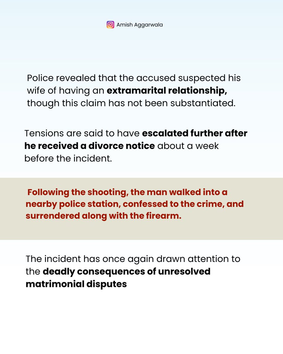 AmishAggarwala's tweet photo. Bengalore techie shoots wife dead on a busy road a week after she sent divorce notice

A 39-year-old woman was shot dead on a busy road in west Bengaluru on Tuesday evening, allegedly by her estranged husband, in a case rooted in prolonged marital discord and a pending separation.

According to the police, the couple had been living separately for about one-and-a-half years following frequent quarrels. The woman, who worked as an assistant manager at a public sector bank, had moved out of the matrimonial home with their two minor children and was pursuing legal separation, which the husband was reportedly unwilling to accept.

Investigators said the accused, a former software professional, had tracked her movements and waited for her near her residence as she returned from work between 6.30 pm and 7 pm. He allegedly fired multiple rounds at close range on a public road in the Rajajinagar Industrial Area, causing fatal injuries. The shooting triggered panic among commuters, and passers-by rushed the victim to a private hospital, where she was declared brought dead.

Police revealed that the accused suspected his wife of having an extramarital relationship, though this claim has not been substantiated. Tensions are said to have escalated further after he received a divorce notice about a week before the incident. Following the shooting, the man walked into a nearby police station, confessed to the crime, and surrendered along with the firearm.

The weapon has been seized, and police are verifying whether it was licensed. A case of murder has been registered, and further investigation is underway to establish the sequence of events, motive, and source of the firearm. The incident has once again drawn attention to the deadly consequences of unresolved matrimonial disputes and stalking behaviour during separation.