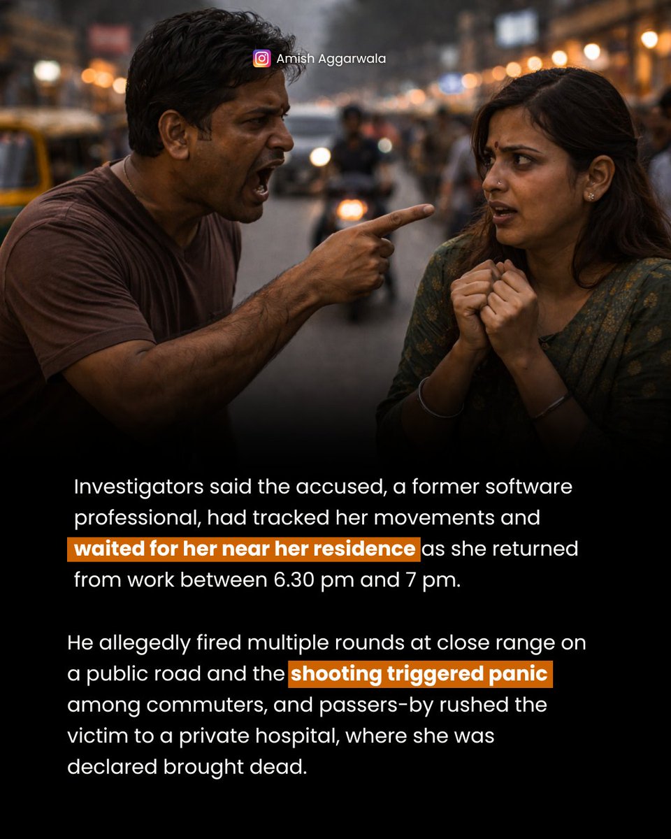 AmishAggarwala's tweet photo. Bengalore techie shoots wife dead on a busy road a week after she sent divorce notice

A 39-year-old woman was shot dead on a busy road in west Bengaluru on Tuesday evening, allegedly by her estranged husband, in a case rooted in prolonged marital discord and a pending separation.

According to the police, the couple had been living separately for about one-and-a-half years following frequent quarrels. The woman, who worked as an assistant manager at a public sector bank, had moved out of the matrimonial home with their two minor children and was pursuing legal separation, which the husband was reportedly unwilling to accept.

Investigators said the accused, a former software professional, had tracked her movements and waited for her near her residence as she returned from work between 6.30 pm and 7 pm. He allegedly fired multiple rounds at close range on a public road in the Rajajinagar Industrial Area, causing fatal injuries. The shooting triggered panic among commuters, and passers-by rushed the victim to a private hospital, where she was declared brought dead.

Police revealed that the accused suspected his wife of having an extramarital relationship, though this claim has not been substantiated. Tensions are said to have escalated further after he received a divorce notice about a week before the incident. Following the shooting, the man walked into a nearby police station, confessed to the crime, and surrendered along with the firearm.

The weapon has been seized, and police are verifying whether it was licensed. A case of murder has been registered, and further investigation is underway to establish the sequence of events, motive, and source of the firearm. The incident has once again drawn attention to the deadly consequences of unresolved matrimonial disputes and stalking behaviour during separation.