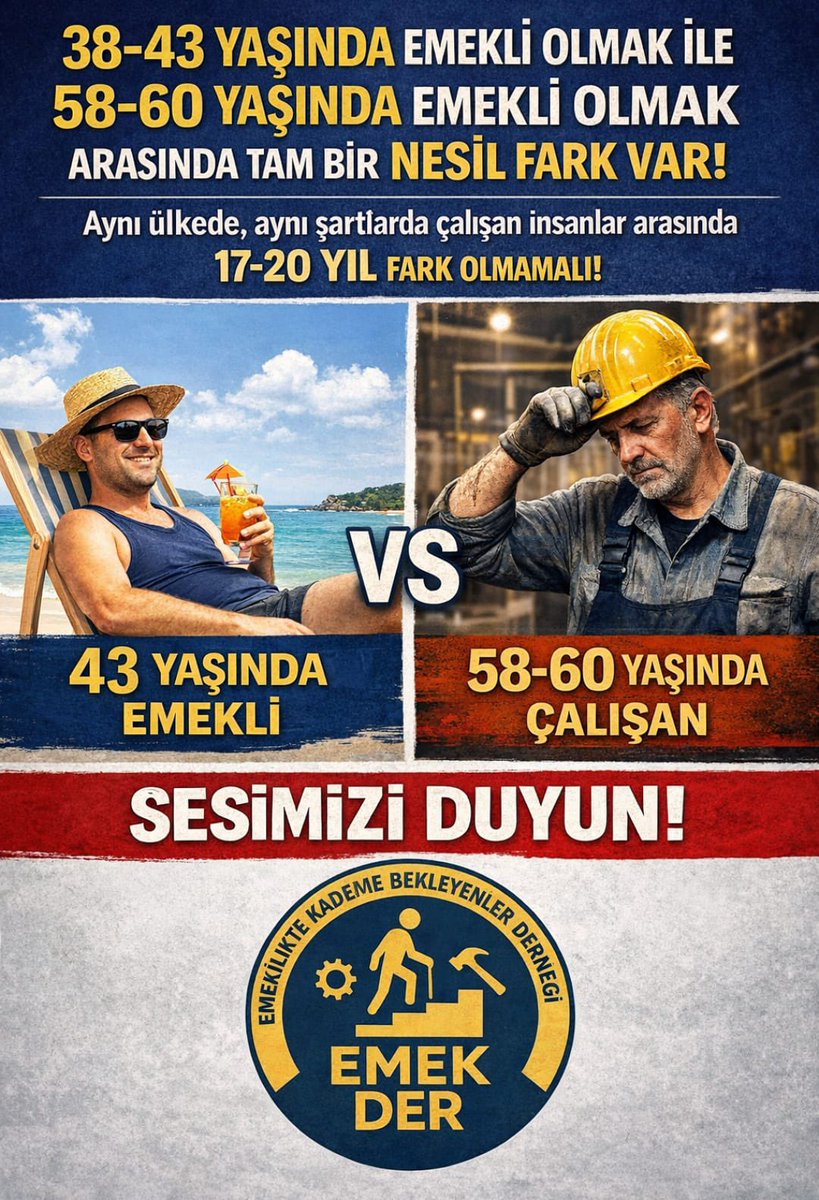 Sametyl81118276's tweet photo. @EmekDerResmi Aynı primi ödeyip yıllarca bekletilmek adaletsizliktir.
1 günle, 1 yılla emeklilik kaybedilmez!
Yaş dayatmasına HAYIR ✋
PRİM VARSA EMEKLİLİK HAKTIR

@EmekDerResmi 
#KademeliEmeklilik 
#EmekDer https://t.co/BoN6AX9gCF