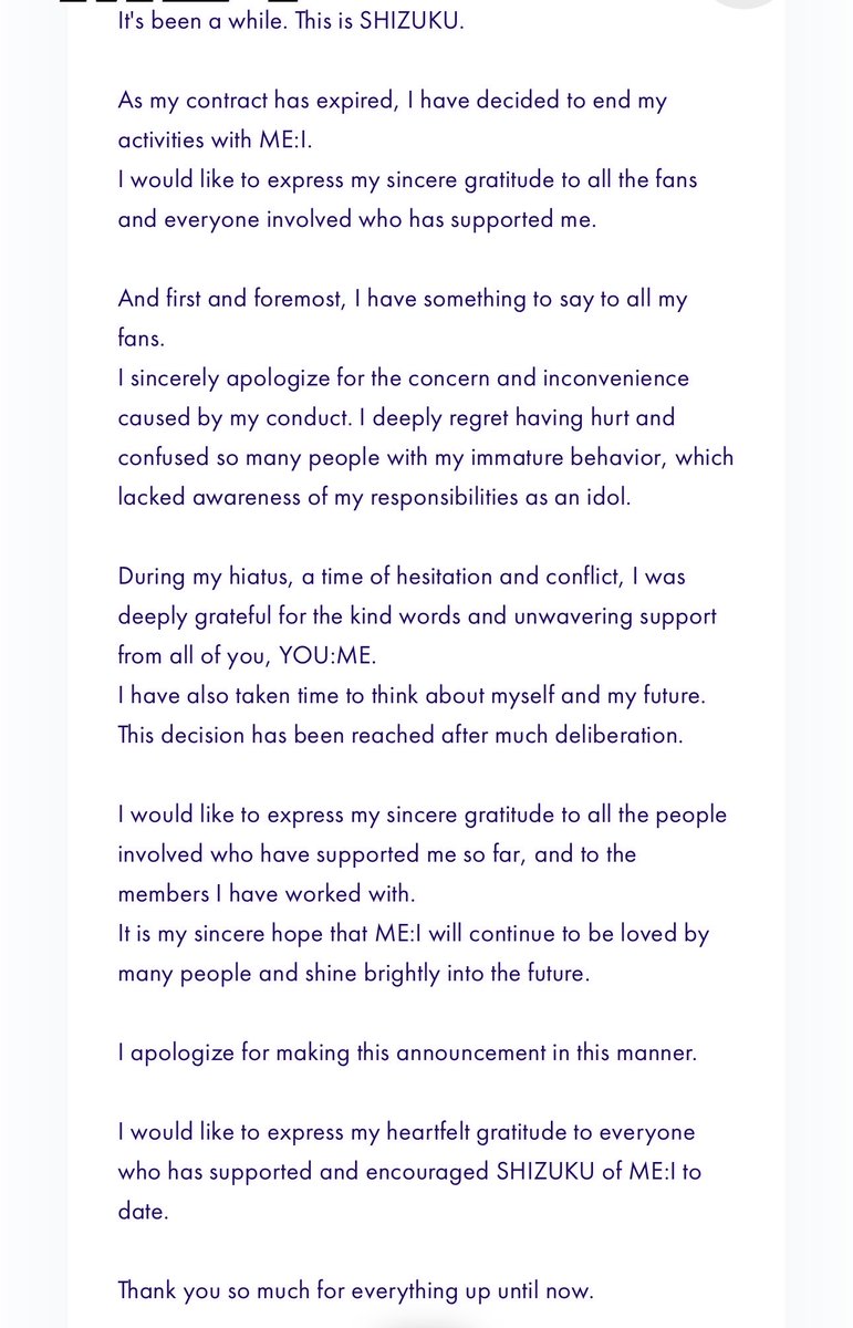 pd_jpn's tweet image. RAN, SHIZUKU, and KOKONA have left parting messages to the fandom after announcing their departure from ME:I

There is no message from COCORO as of posting.