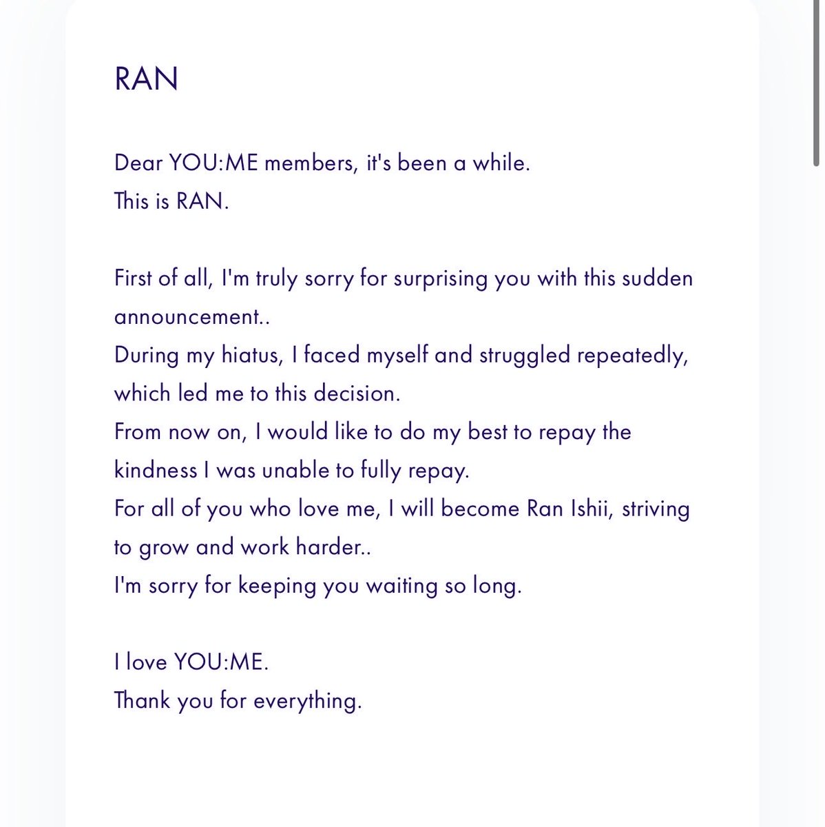 pd_jpn's tweet image. RAN, SHIZUKU, and KOKONA have left parting messages to the fandom after announcing their departure from ME:I

There is no message from COCORO as of posting.