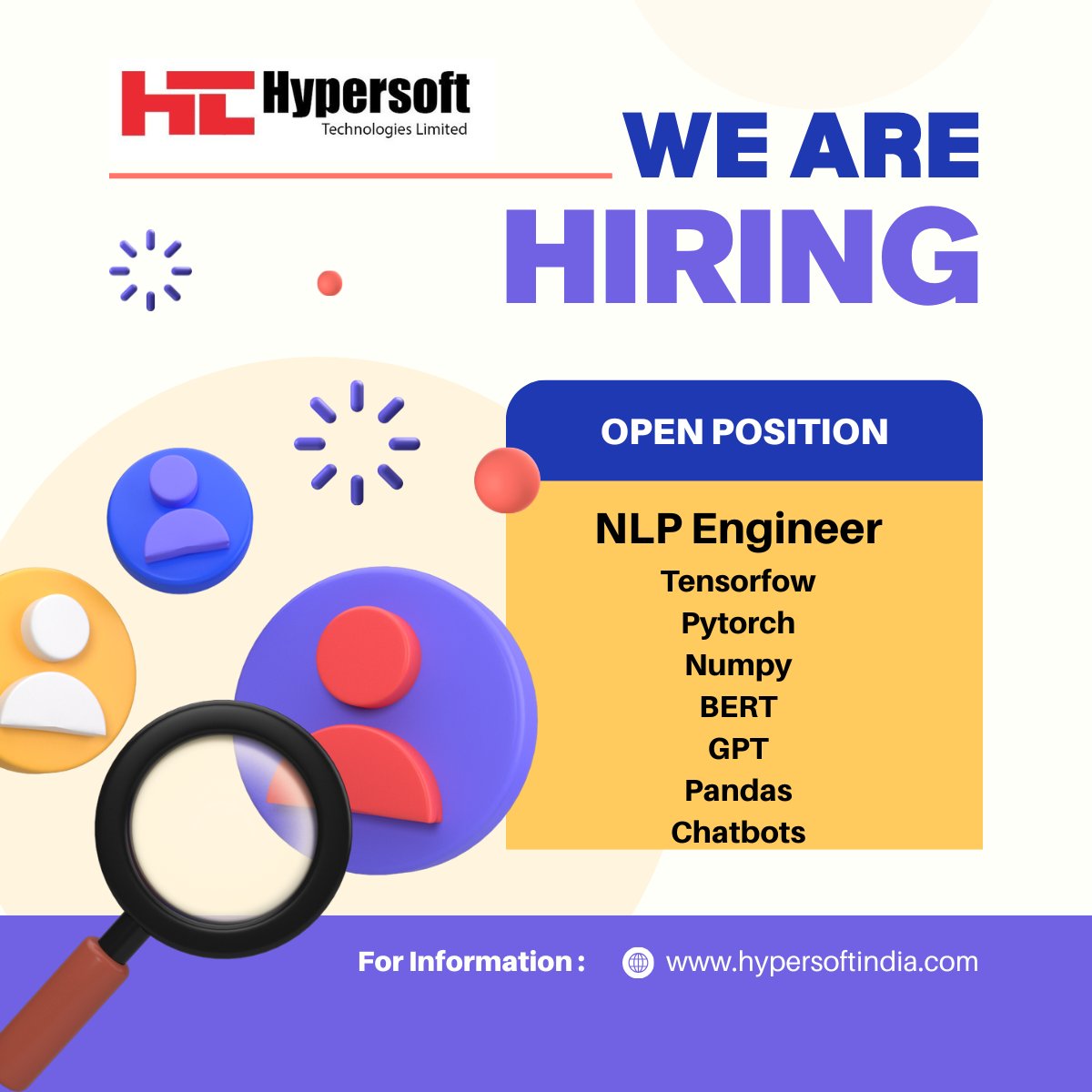 HypersoftTexyz's tweet photo. #hiring #hiringalert #hiringnow #urgenthiring #NLPEngineer #pytorch #Python #Tensorflow #NLTK #Spacy #chatbots #BERT #GPT #Pandas #numpy #keras #Deeplearning 

@PythonHub @numpy_team @chatbots @DeepLearning 
Interested candidates can share their resumes @ hr@hypersoftindia.com https://t.co/D09bDvw4no