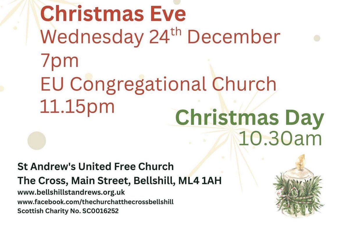 Join us tonight at 7pm at St Andrew’s and 11:15pm at the EU Congregational Church, and on Christmas Day at 10:30am at St Andrew’s to celebrate the birth of Christ for all ages. Bring a present to show on Christmas Day. Refreshments served at the services.

United Free Church.