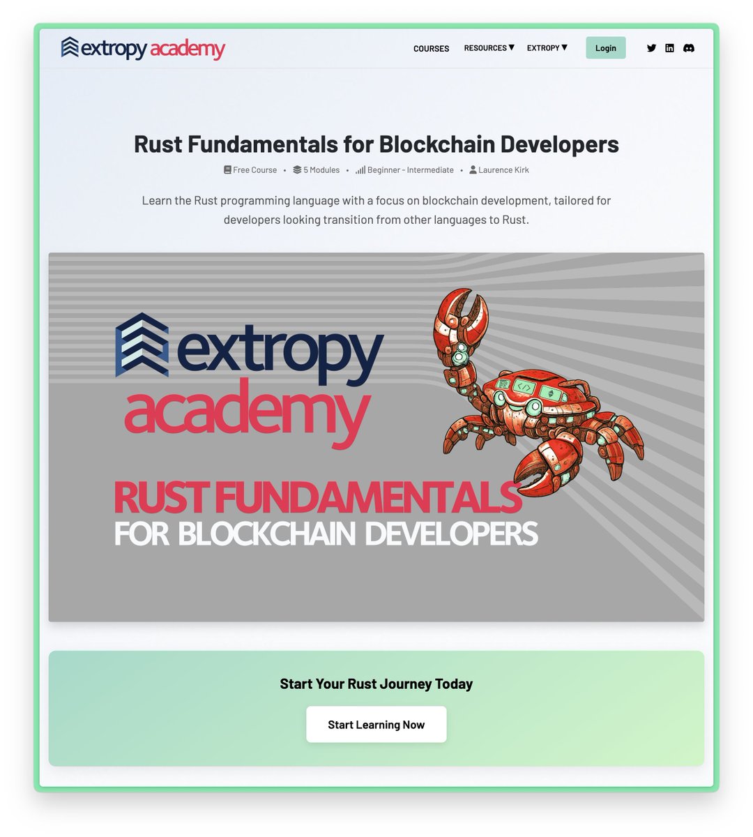 Extropy's tweet photo. Module 1 of our Rust for Blockchain Developers course is now live on Extropy Academy. 🦀

✅We start with the essentials: why Rust, core types, immutability, shadowing, control flow, and more:

https://t.co/IsedWCnUbw https://t.co/SeqLjOuTzb