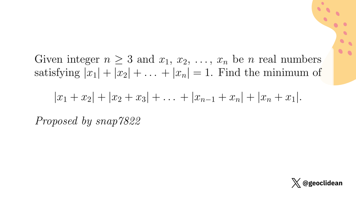geoclidean's tweet photo. Minimum value
#Algebra #IMOC #MinimumValue #Inequalities #AbsoluteValue https://t.co/phLXH637k6