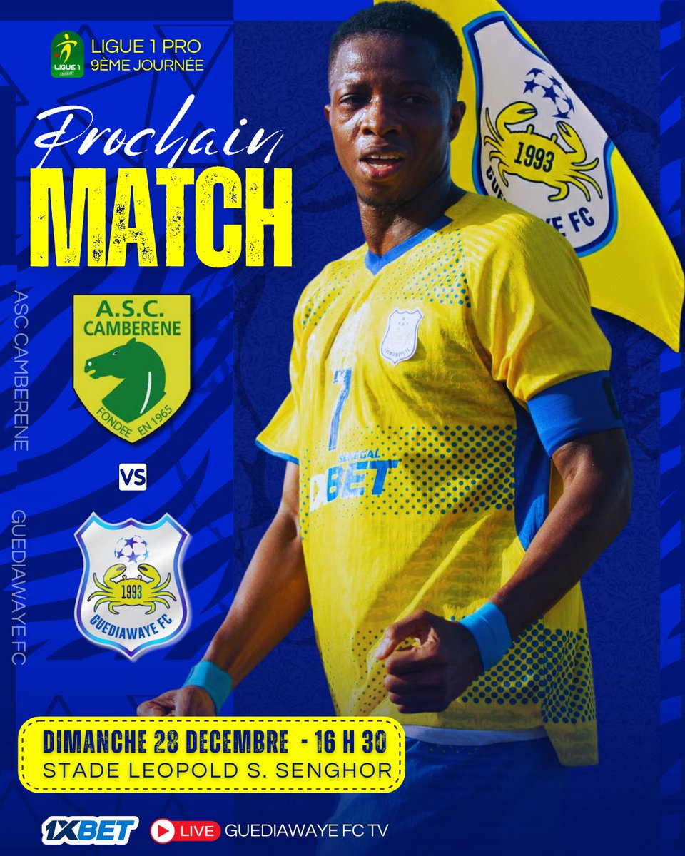 P R O C H A I N   M A T C H 🟡🔵✌🏾

🗓️ Dimanche 28 Decembre 2025
📍 Stade Leopold S. Senghor
🆚 <a href="/asccamberene/">ASC CAMBERENE</a> 
⌚️ 16 H 30
⚽️ LIGUE 1 PRO - 9ème journée 

#guediawayefc #Ligue1SN #AllezLesCrabes #CBRGFC