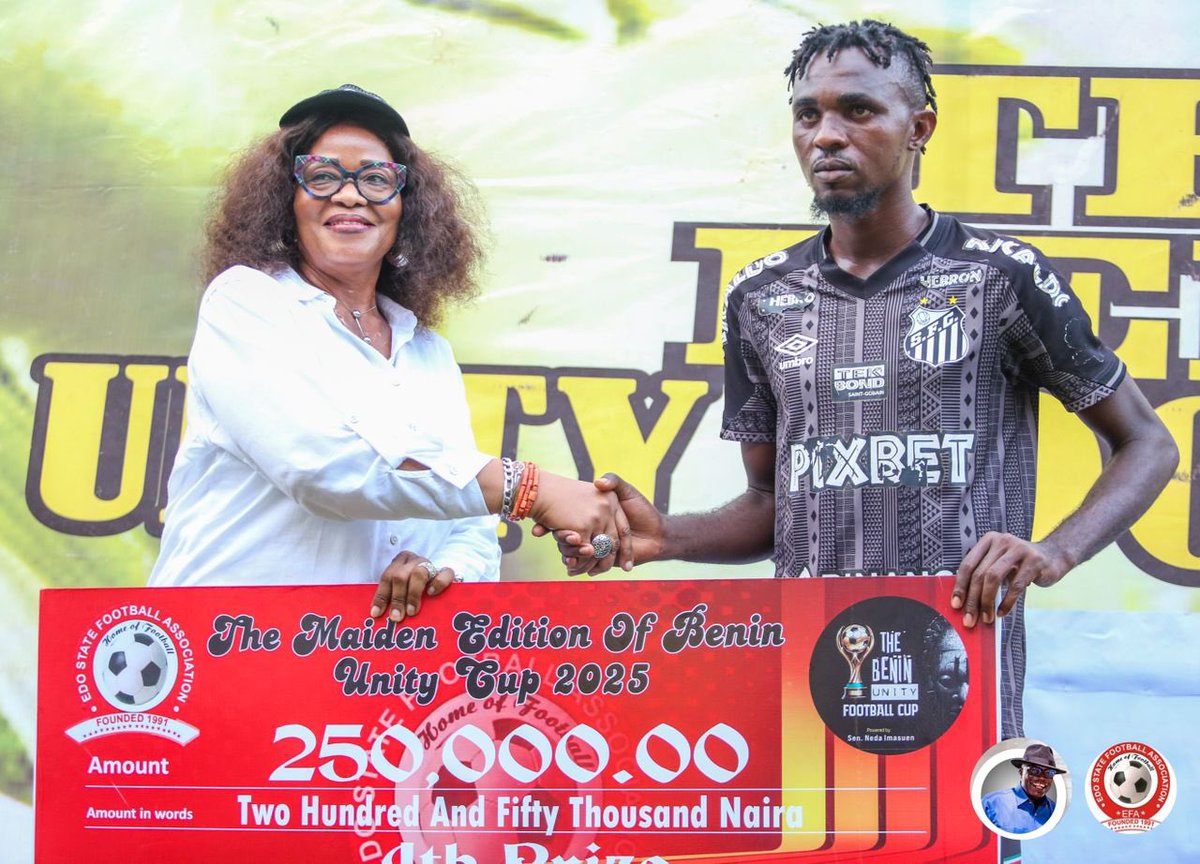 bcityunitycup's tweet photo. Even fourth place was rewarded at the Benin Unity football Cup.

#BeninUnityCup25byNeda
#SenatorNedaImasuen
#EdoSouthSenatorialDistrict
#UnityThroughSports https://t.co/rM0eGCYNur