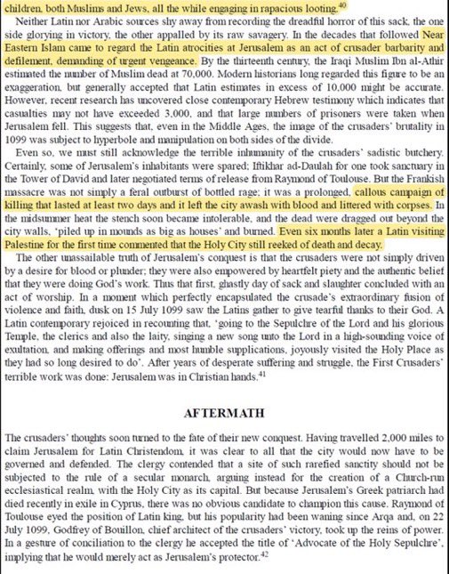BaytAlHikmah1's tweet image. The Crusades were neither just nor defensive by any moral standard. Even Christian chroniclers describe Jerusalem as a massacre men, women, and children slaughtered, streets filled with blood, bodies left to rot for months. That isn’t defense it’s brutality masked as “holiness.”
