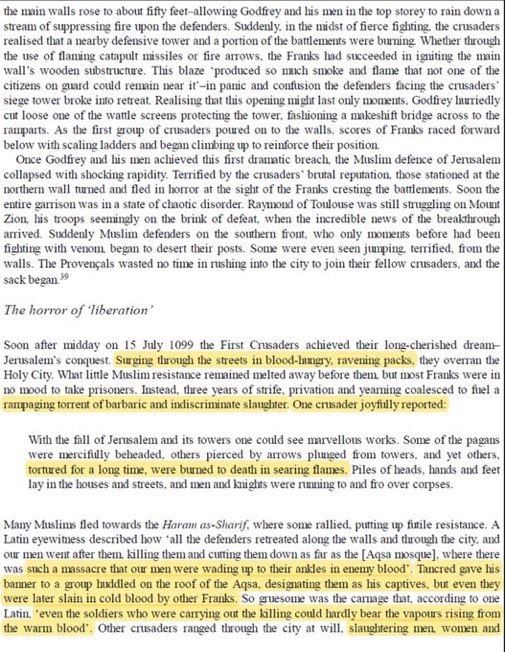 BaytAlHikmah1's tweet image. The Crusades were neither just nor defensive by any moral standard. Even Christian chroniclers describe Jerusalem as a massacre men, women, and children slaughtered, streets filled with blood, bodies left to rot for months. That isn’t defense it’s brutality masked as “holiness.”