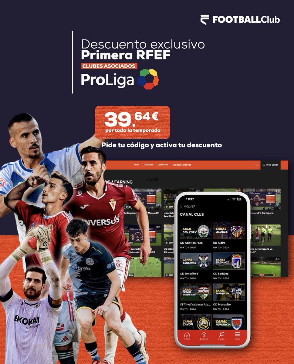 📺🤝 FOOTBALL CLUB |

Gracias a nuestro partner Football Club, podrás disfrutar del resto de la temporada de Primera Federación por solo 39,64 €.

📩 ¿Cómo acceder al descuento?
Solicita tu código exclusivo escribiéndonos por DM y benefíciate de esta ventaja especial para