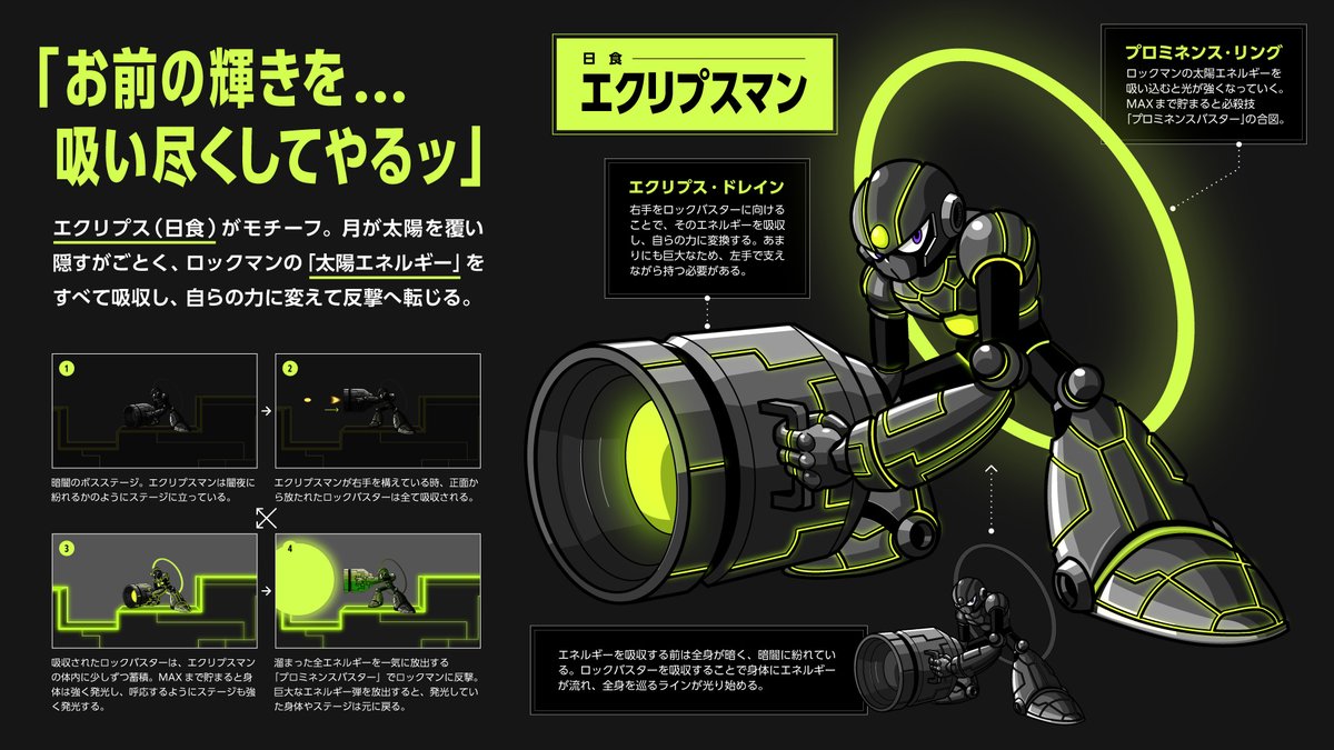 #ロックマンDO　#ボスデザインコンテスト
応募部門：ボスデザイン部門
ペンネーム：JAGUAR
ボスの名前：エクリプスマン
作品紹介：ロックマンの動力源である「太陽エネルギー」を吸収するキャラクターを作りたいなと思い「日食」にたどり着きました。描いてて楽しかったー！