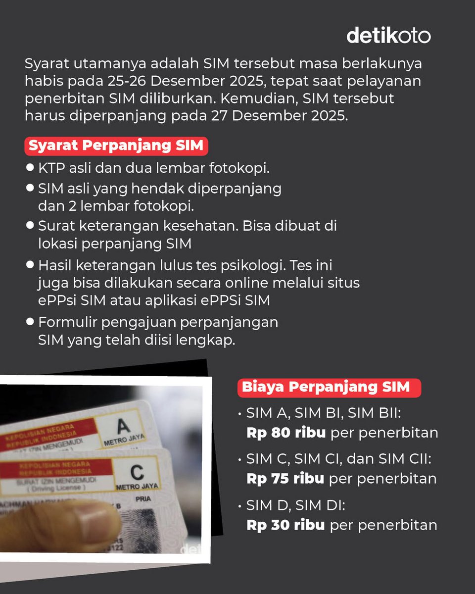 detikoto's tweet photo. SIM kamu mati pas libur Natal? Tenang, masih bisa diperpanjang! ππβ£
β£
Bagi pemilik SIM yang masa berlakunya habis pada 25β26 Desember 2025, kamu tetap mendapat kesempatan perpanjangan pada 27 Desember 2025 tanpa harus bikin baru πͺͺβ£
β£
#detikOto #PerpanjangSIM https://t.co/34jPNzAaZa