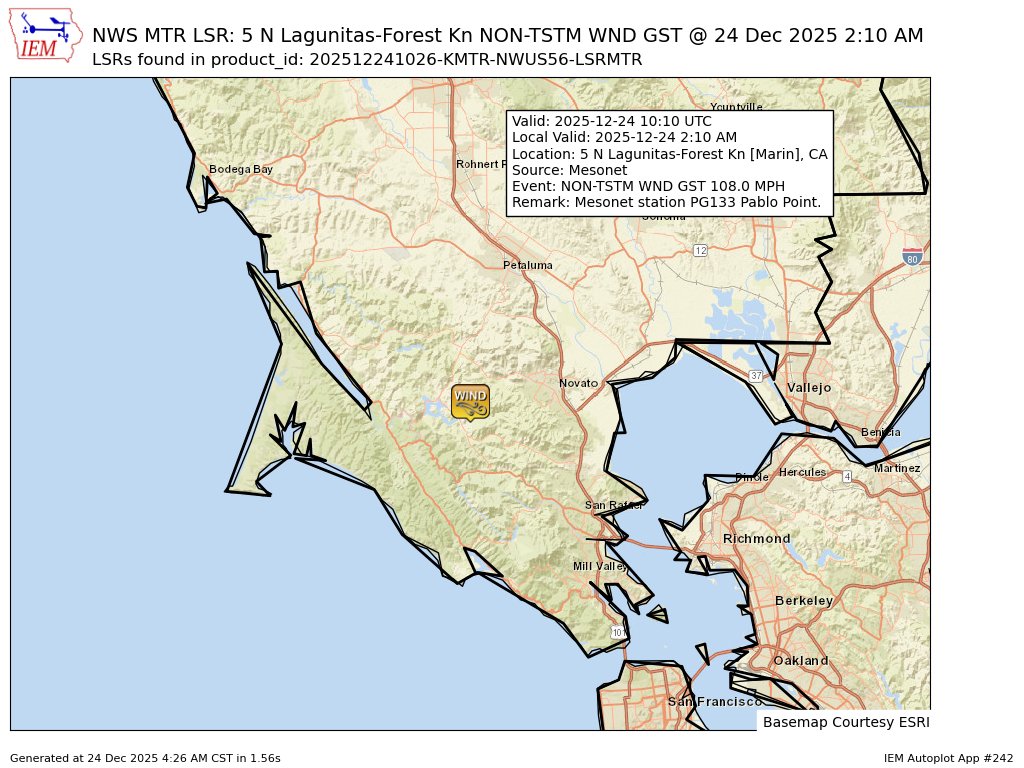 iembot_mtr's tweet photo. At 2:10 AM PST, 5 N Lagunitas-Forest Kn [Marin Co, CA] Mesonet reports Non-Tstm Wnd Gst of M108 MPH. Mesonet station PG133 Pablo Point. #cawx https://t.co/S8FcfQFCcC https://t.co/ovOS68HrRE
