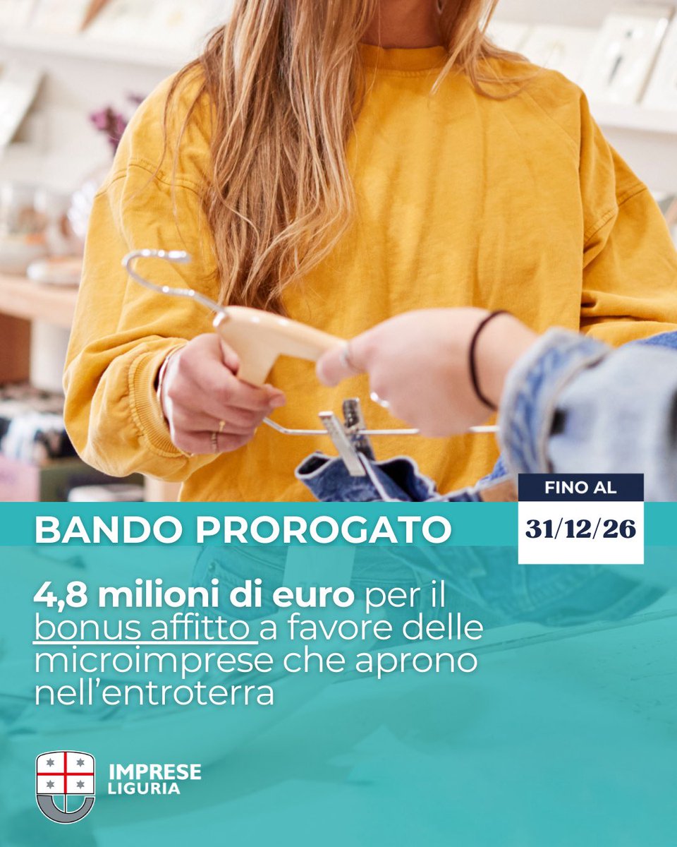 RegLiguria's tweet photo. Prorogato fino al 31 dicembre 2026 il bando dedicato alle imprese dei settori del commercio, dell'artigianato, dei servizi di ristorazione e delle cooperative di comunità che aprono nei Comuni dell'entroterra ligure con popolazione non superiore ai 2.500 abitanti https://t.co/wwXxYdkkhL
