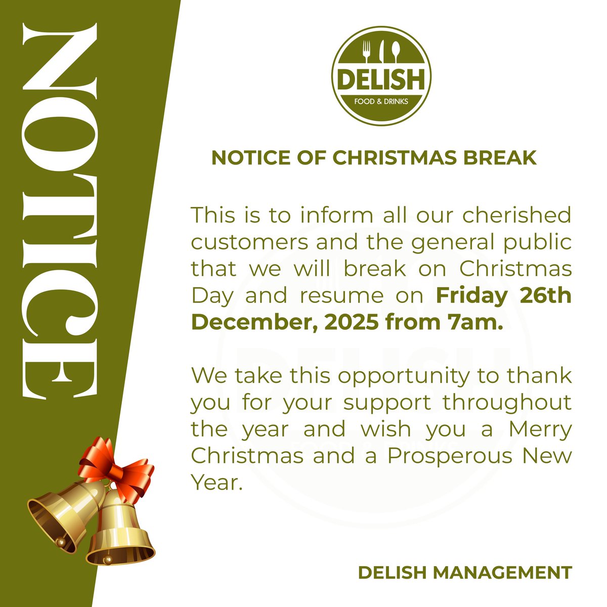 🚨NOTICE 🚨

We’re taking a short break on CHRISTMAS DAY and will be back serving your favorite meals from Friday, 26th December at 7am.

Merry Christmas from all of us at DELISH! 

#delishghana #christmas