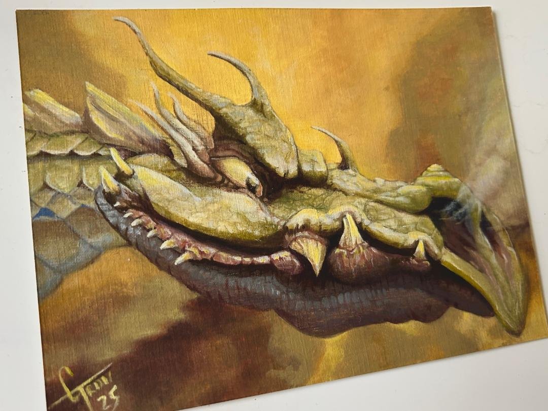 And the finished postcard painting for <a href="/PAEartforacause/">POSTCARD ART EXHIBIT - Art for a Cause 🌏 🎨</a>  ready to send off in the new year. This and many other wonderful works available to buy next year in aid of Alzheimer’s research

#goldenopenacrylics #fantasyart #dragon #illustration #artist