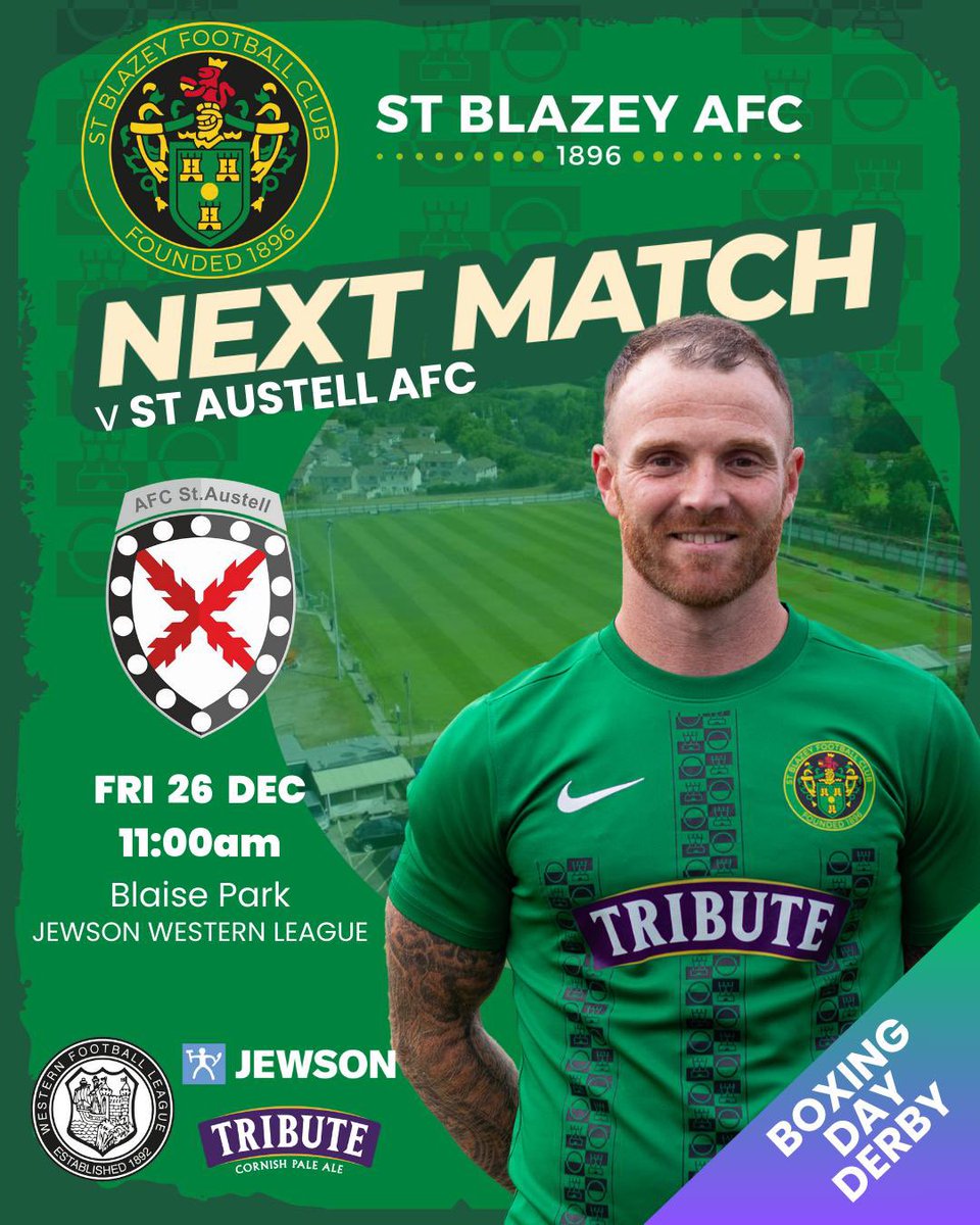 NEXT UP - ⚽️ 

We host the Boxing Day Derby as we face <a href="/AFCSTAUSTELL/">AFC St Austell</a> with an 11am KO. 

Adults - £8
Concessions - £5
13-18 - £2

Cash or card on the gate, tickets will be available to buy cash only in the clubhouse before the game.

🎶 DJ from 1pm 🎶 
🍔 Food available 🍔 

💚🖤