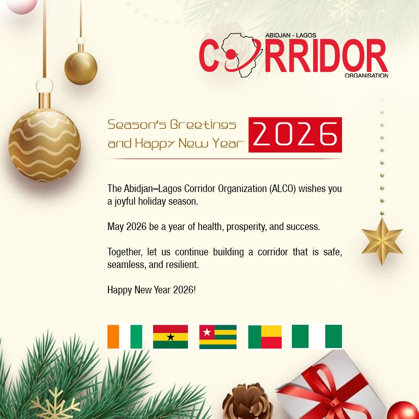 The Abidjan–Lagos Corridor Organization (ALCO) wishes you a joyful holiday season.  May 2026 be a year of health, prosperity, and success.  Together, let us continue building a corridor that is safe, seamless, and resilient.  Happy New Year 2026!