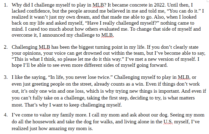 CubbyMike76's tweet image. I made a short summary of Shōta’s podcast, which started yesterday. Yesterday’s topic was “Why I challenged myself to play in the MLB.” Points 1 to 4 are the same as last time. @Cubs #BeHereForIt #FlyTheW #今永昇太SHOTAISM @showup1242 I’ll delete this if there are any issues.🙏