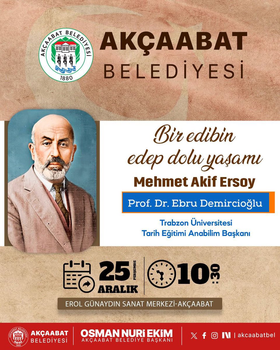 Bir şair değil, bir vicdanı anıyoruz.
Mehmet Âkif Ersoy’un ahlakını, duruşunu ve milletine adanmış hayatını konuşmak üzere yarın buluşuyoruz.
Müsait olan herkesi bekleriz. #Trabzon #Akçaabat #MehmetAkifErsoy #MilliŞair