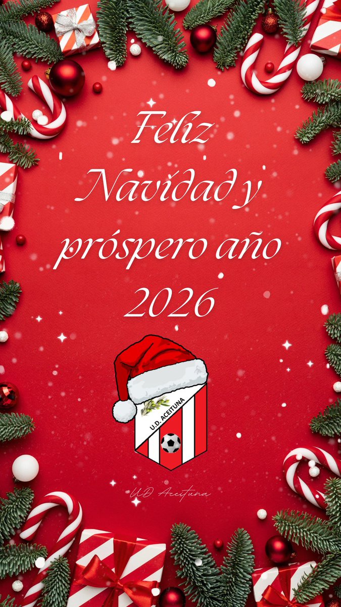 udaceituna's tweet photo. 🎄La UD Aceituna os desea una Feliz Navidad y un próspero Año Nuevo 2026 a todos y en especial a los que formáis parte de esta familia: aficionados, jugadores, cuerpo técnico y colaboradores

Que el nuevo año venga cargado de ilusión, éxitos y muchos momentos para celebrar juntos https://t.co/Fw7390JZpS