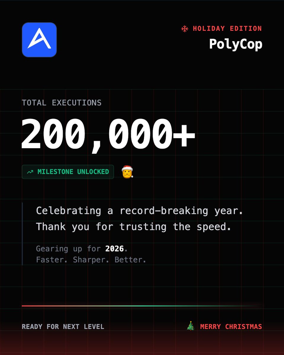 PolyCop_Trader's tweet image. In 3 weeks, we've achieved 200,000+ Executions. 
We don't slow down for the holidays. 
Ready for the Next Level. 

Merry Christmas. 🎄

@PolymarketBuild @Polymarket @PolymarketTrade