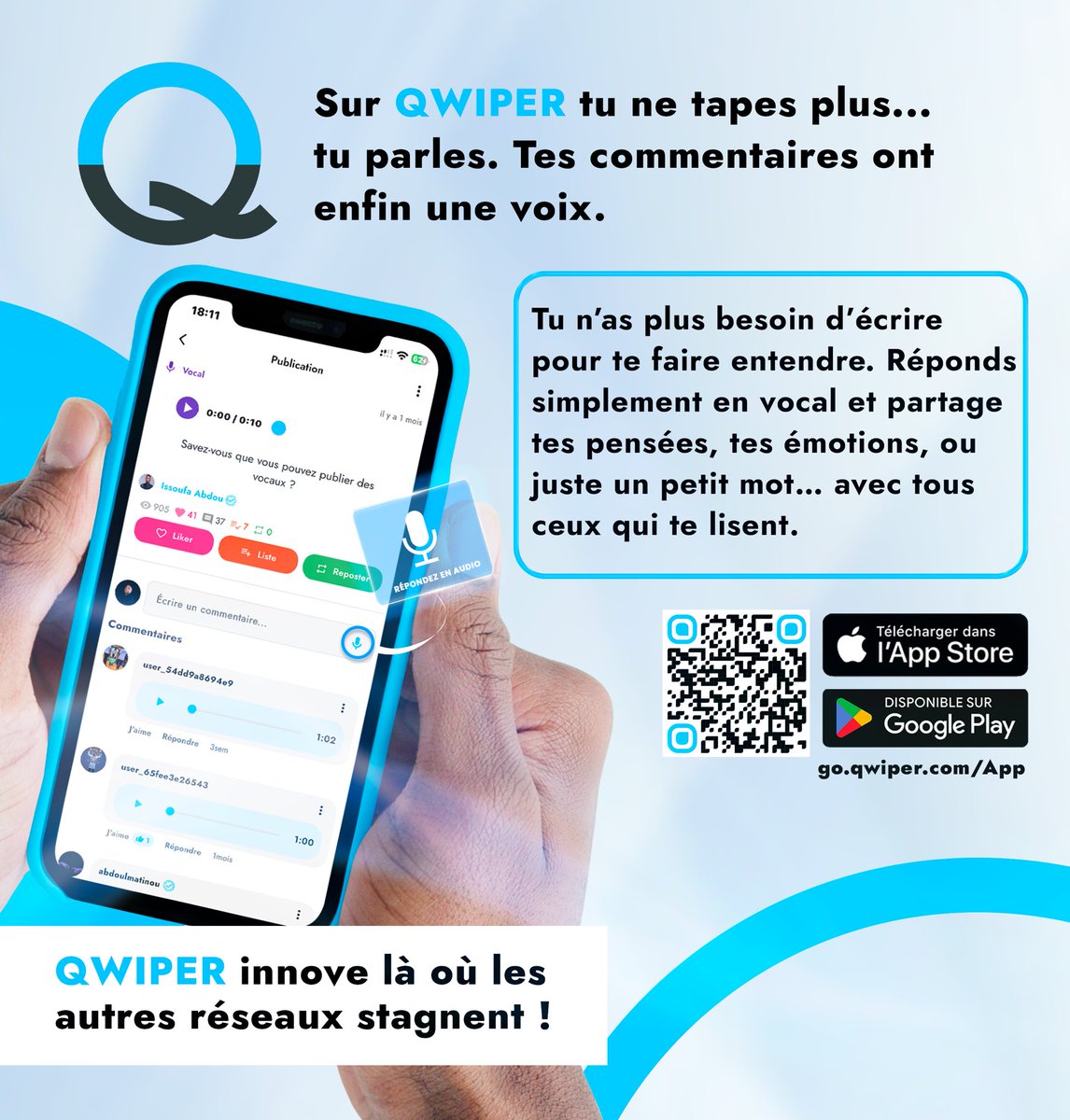 Écrire, c’est bien.
Parler, c’est plus fort.

Sur Qwiper, tu ne te contentes plus de taper des mots :
🎙️ tu fais entendre ta voix.

Un avis, une réaction, une émotion, un message spontané…
Tu réponds en vocal, naturellement, sans filtre.