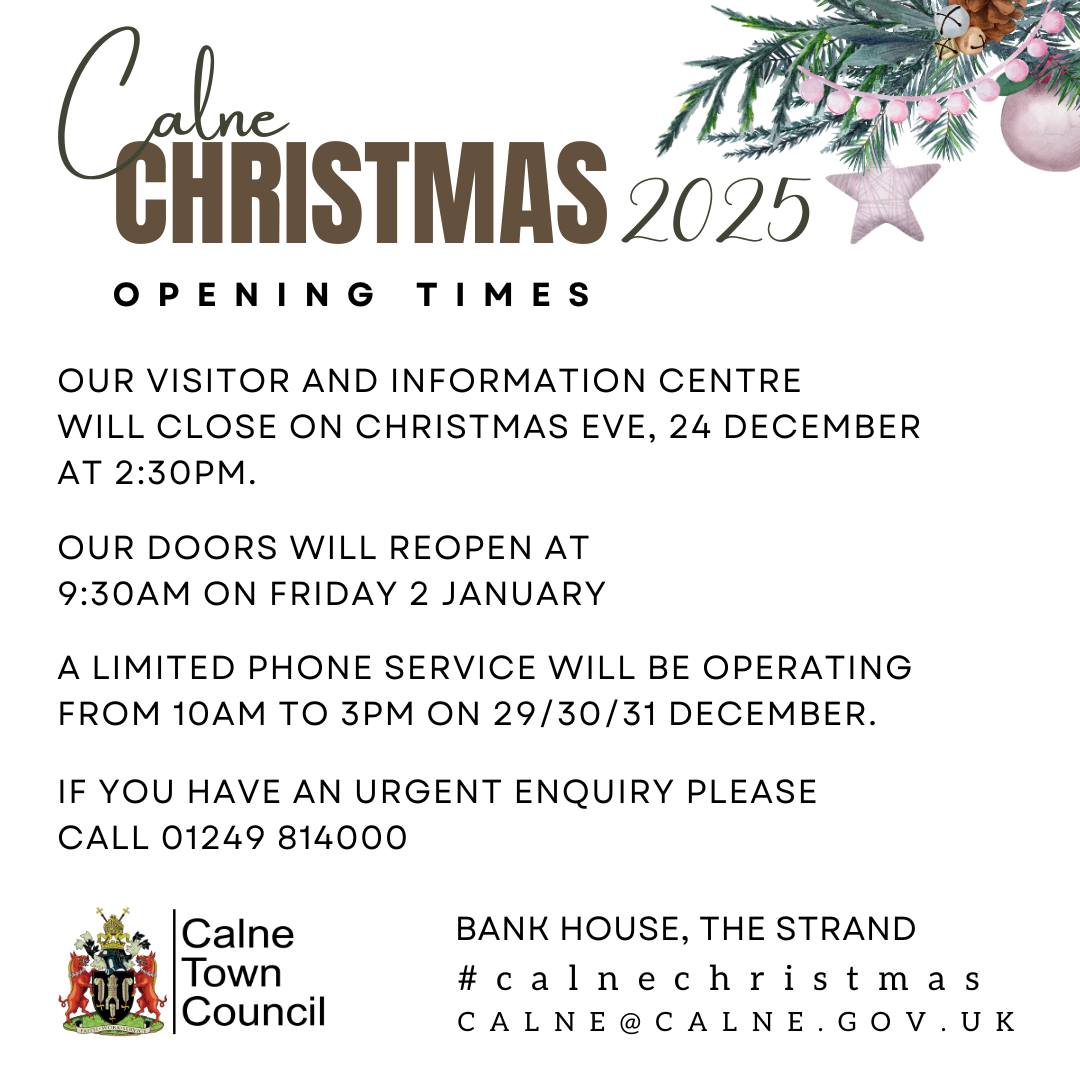 CalneTC's tweet image. Our Visitor and Information Centre at Bank House will close on Christmas Eve, 24 December at 2:30pm.
Our doors will reopen at 9:30am on Friday 2 January.
A limited phone service will be operating from 10am to 3pm on 29/30/31 December.