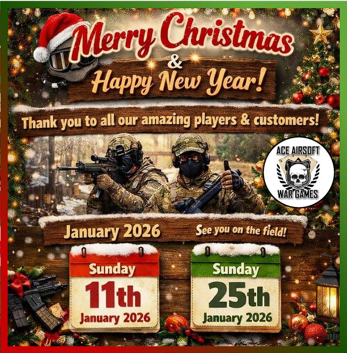 aceairsoft's tweet photo. Thank you to our every player – you’re what makes our Airsoft community brilliant. Wishing you a great Christmas and an awesome New Year 🎅🎁
See you back in the woods soon! 🎯
2026 Details: https://t.co/qvg3pTcCmn
#airsoft #airsoftuk #aceairsoft #pewpew #airsoftinthewestmidlands https://t.co/EpFDma66bG