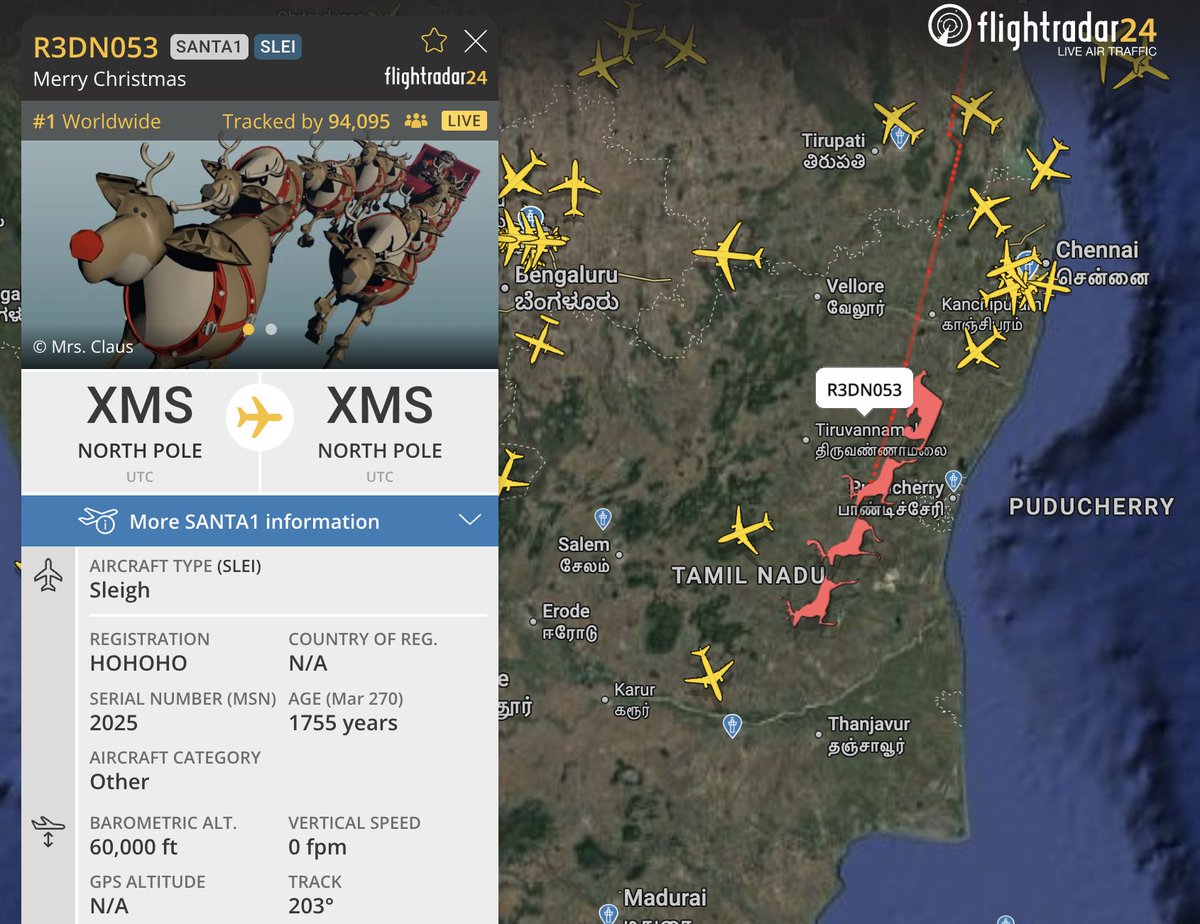 flightradar24's tweet image. Santa is squawking 7900 (extreme festivity) as he enters the CHENNAI FIR. All traffic, stand by—Santa has priority (and is in a good mood).

Track Santa here: flightradar24.com/R3DN053/3d9fb5…