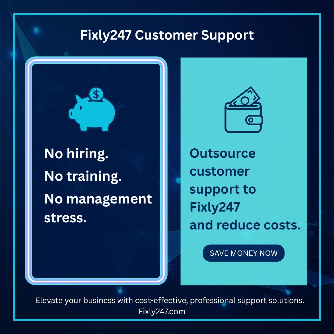 Fixly247's tweet photo. Stop draining your budget on hiring and training! 

Outsource your customer support to Fixly247 and instantly REDUCE COSTS. 

No hiring. No training. No management stress. Just smart, scalable savings. 

#Fixly247 #CostEffective #CustomerSupport  #SaveMoney https://t.co/VcCtwekhez