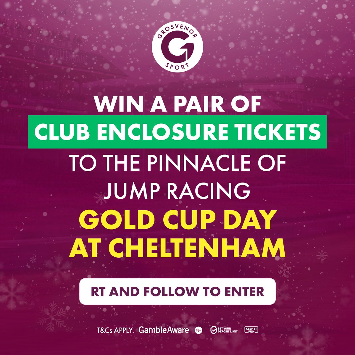 GrosvenorSport's tweet image. 🎄 CHRISTMAS GIVEAWAY
WIN a pair of Club Enclosure tickets for Gold Cup Day at Cheltenham!

To enter:
RT this post
Follow @GrosvenorSport

T&amp;amp;Cs below

18+ | GambleAware