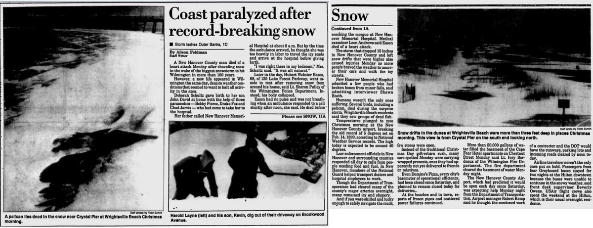 1989 WHITE CHRISTMAS DAY BY DAY - After raging all night, the historic winter storm gradually came to an end on Christmas Eve, 1989.  Life along the Carolina coast ground to a halt as extraordinary amounts of snow overwhelmed the region.  Snow depth at 7 a.m. was reported to be