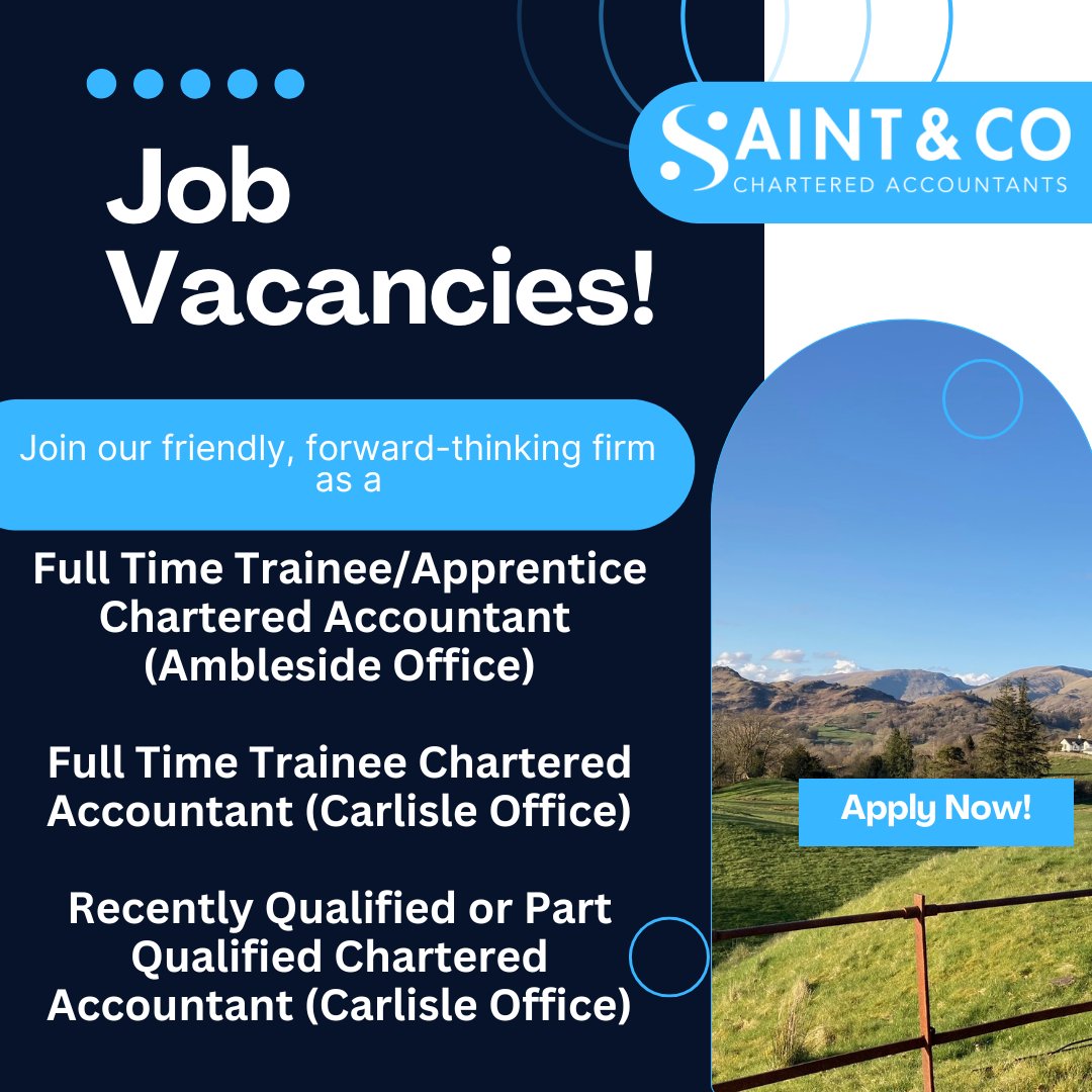 🔹Full Time Trainee Chartered Accountant (Carlisle) uk.indeed.com/job/full-time-…

🔹Recently Qualified or Part Qualified Chartered Accountant (Carlisle) uk.indeed.com/job/recently-q…

🔹Full Time Trainee/Apprentice Chartered Accountant (Ambleside) - uk.indeed.com/job/full-time-…
