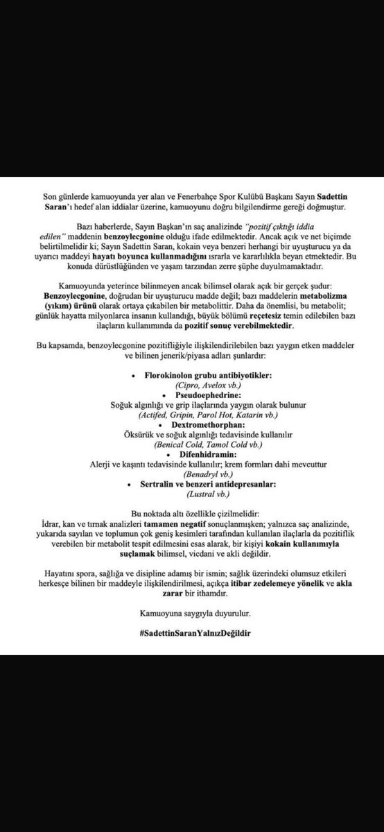 Fenerbahçeli Sağlık Çalışanları Derneği, Sadettin Saran’ın test sonuçları ile alakalı bir açıklama yayınladı.