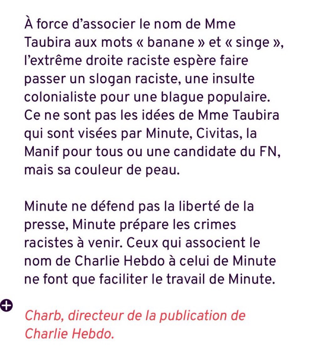 Voici ce que Charb disait…

Après Minute, comme Valeurs Actuelles, Charlie Hebdo « prépare les crimes racistes à venir ».

Force à <a href="/RokhayaDiallo/">Rokhaya Diallo</a> ciblée car elle représente celles et ceux qui ne baisseront jamais la tête face à l’assignation sexiste, raciale, coloniale.