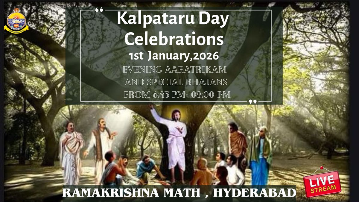 rkmathdotorg's tweet photo. Watch  Kalpataru Day Celebrations. Webcasting on 01.01.2026. Evening Aaratrikam and Special Bhajans from 6:45 - 08:00 PM through our LIVE streaming  link:https://t.co/LZmZc3bY2C https://t.co/umsznePuFZ
