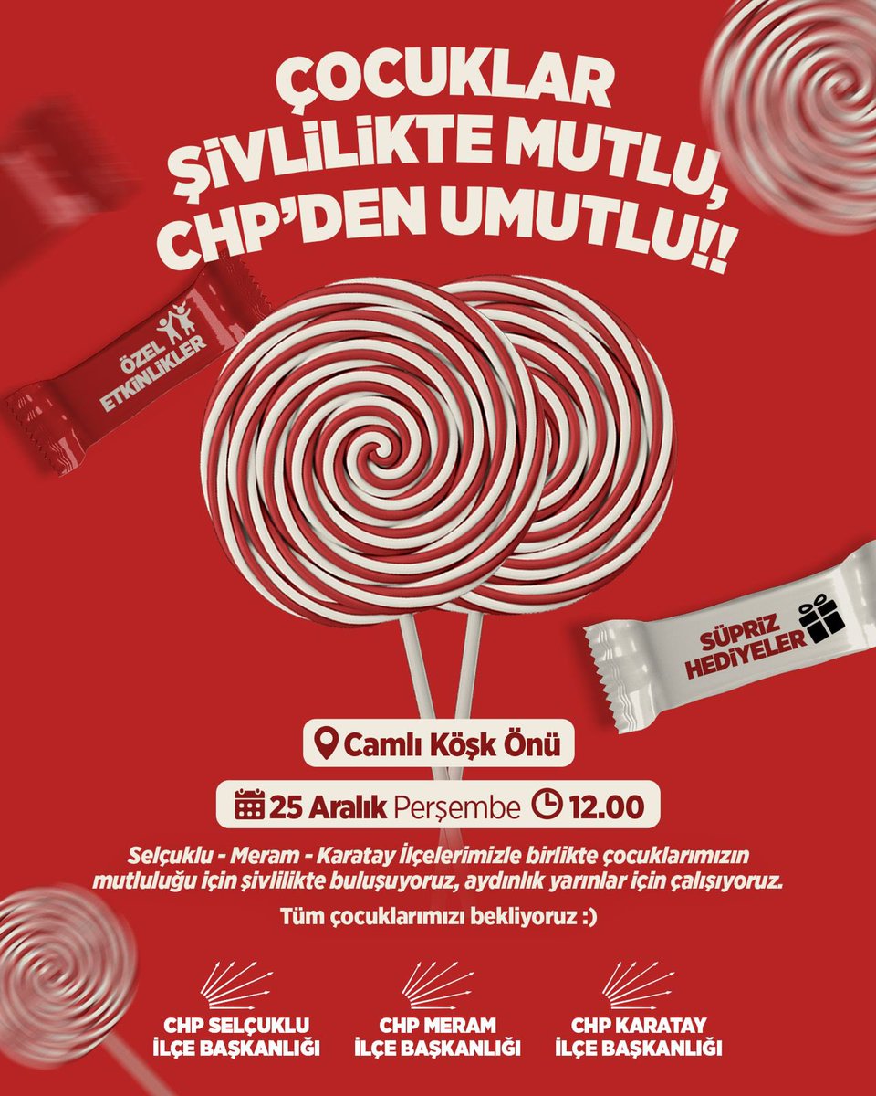 alinacicobanog's tweet photo. Çocuklar Şivlilikte Mutlu, CHP’den Umutlu!

Çocuklarımızın mutluluğu, yarınlara olan en büyük umudumuzdur.

📍 Yer: Camlı Köşk Önü

📅 Tarih: 25 Aralık Perşembe

🕛 Saat: 12.00’de

Tüm çocuklarımızı ve ailelerini şivliliğin neşesini birlikte yaşamaya davet ediyoruz. https://t.co/hmqeWyFAmg